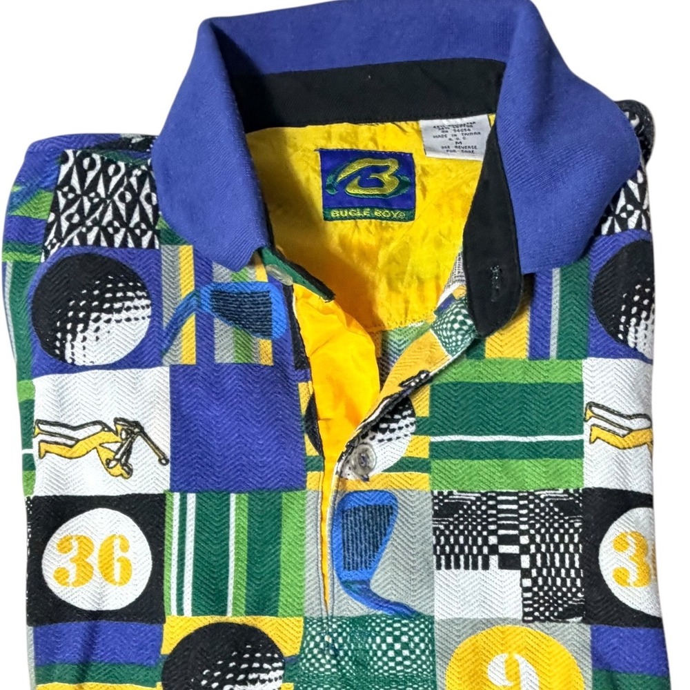 Bugle Boy Polo Shirt Medium Multicolor Vintage‎ 90s Golf Geometric Print Retro